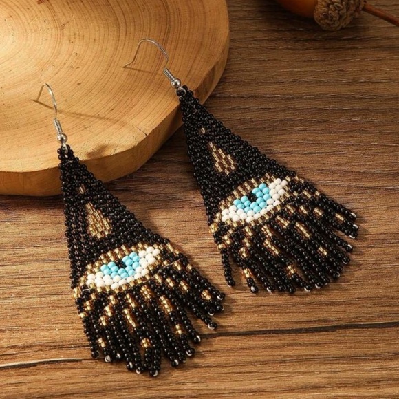 Evil Eye Black Beaded‎ Earrings - Bohemian Jewelry for Protection & Style - Picture 1 of 7